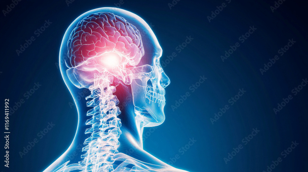 digital illustration of the human brain and spinal cord, highlighting neural pathways in vibrant colors. The glowing red area suggests focus on brain activity or neurological conditions digital illustration of the human brain and spinal cord, highlighting neural pathways in vibrant colors. The glowing red area suggests focus on brain activity or neurological conditions