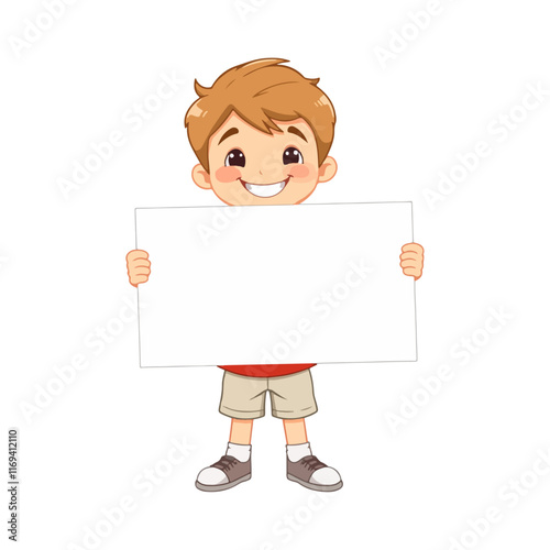 Happy cute kid boy holding blank banner vector
