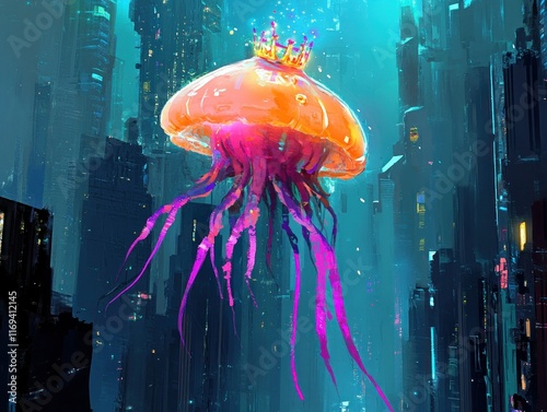Crowned jellyfish floats above futuristic city.