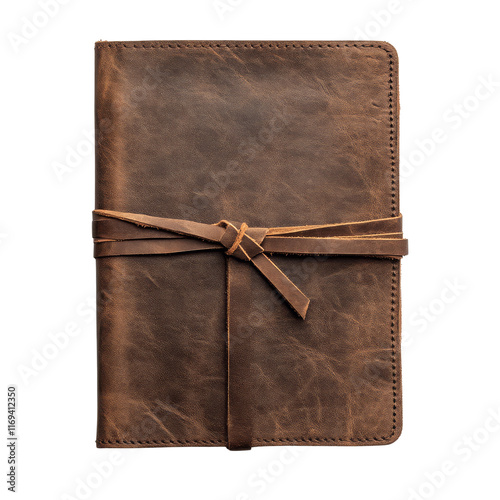 A rustic leather notebook with a tied strap, showcasing a rich texture and earthy tones.