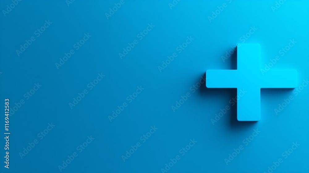 Obraz premium A vibrant blue backdrop featuring a prominent plus sign, ideal for themes of positivity and healthcare.