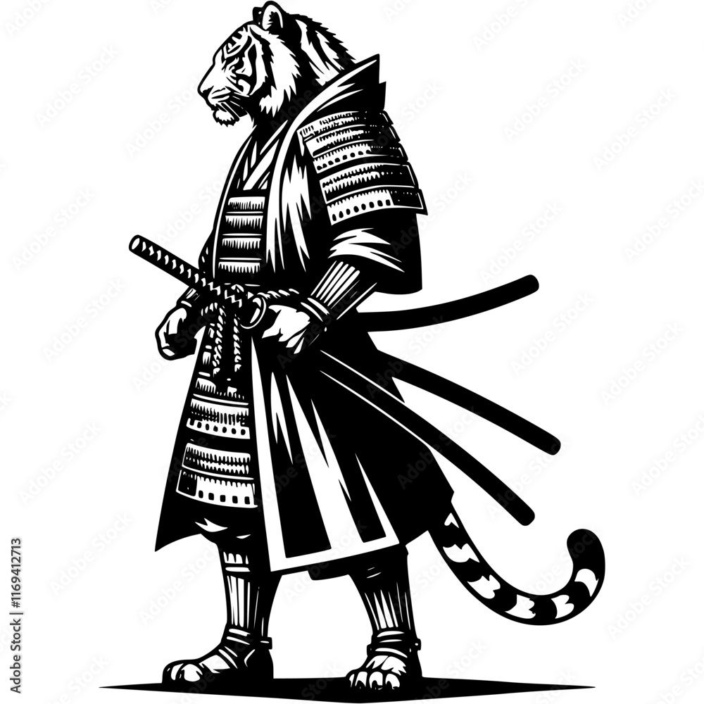 Obraz premium Samurai in armor wildcat stands in fighting stance with katana sword in monochrome. Wild tiger animal. Tattoo minimalistic in black ink drawing on white background