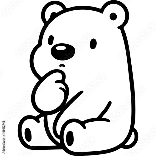 Polar bear cub is deep in thought and holds his chin with his paw in monochrome. Simple minimalistic  in black ink drawing on white background