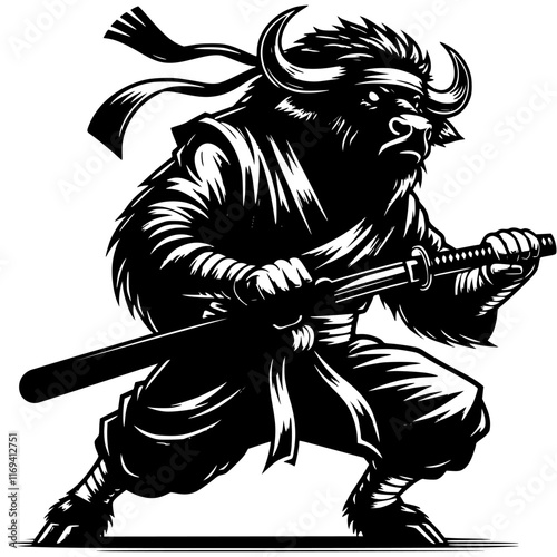 Ninja master buffalo in katana sword attacking position in monochrome. Bull fighter of secret clan animal roars. Tattoo minimalistic  in black ink drawing on white background