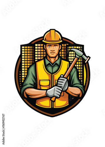 Wallpaper Mural Vector illustration of a construction worker wearing a hard hat and holding a hammer in front of a city skyline. Torontodigital.ca
