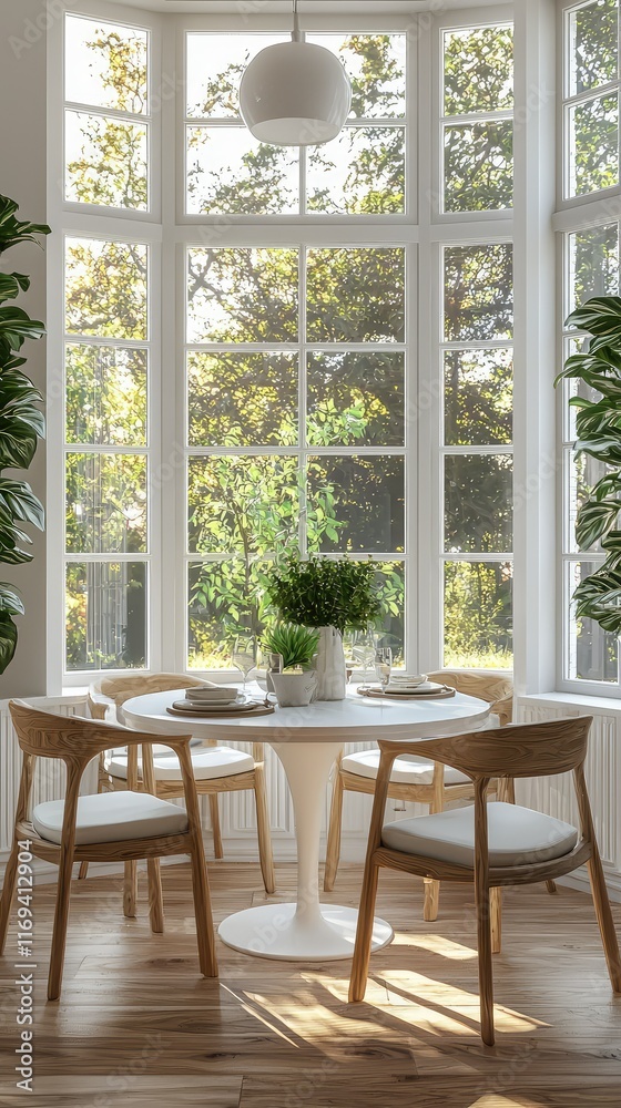 Cozy Modern Dining Space with Bright Natural Light and Greenery Cozy Modern Dining Space with Bright Natural Light and Greenery