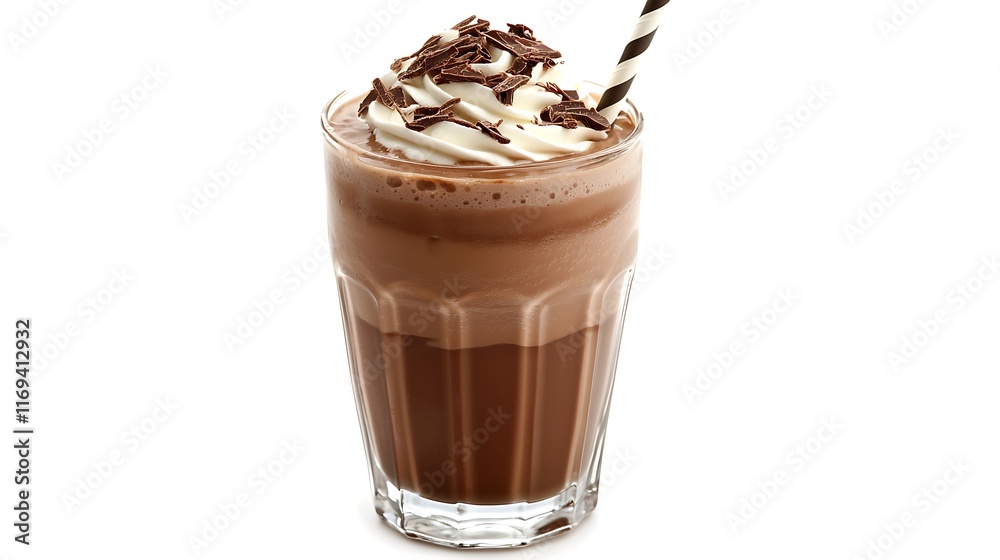 A delicious chocolate drink topped with whipped cream and chocolate shavings, served in a glass.