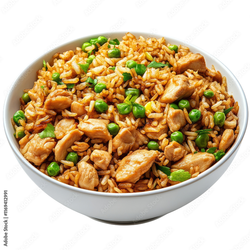 A bowl filled with chicken fried rice, featuring green peas and diced chicken, showcasing a colorful and appetizing dish. A bowl filled with chicken fried rice, featuring green peas and diced chicken, showcasing a colorful and appetizing dish.