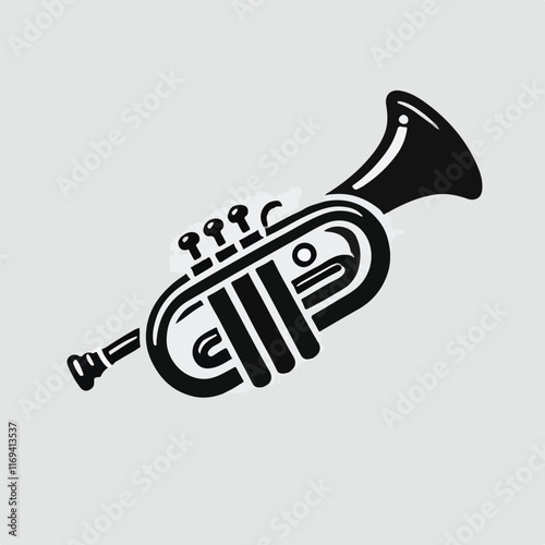 Vector hand drawn illustration of trumpet. Isolated on black.	