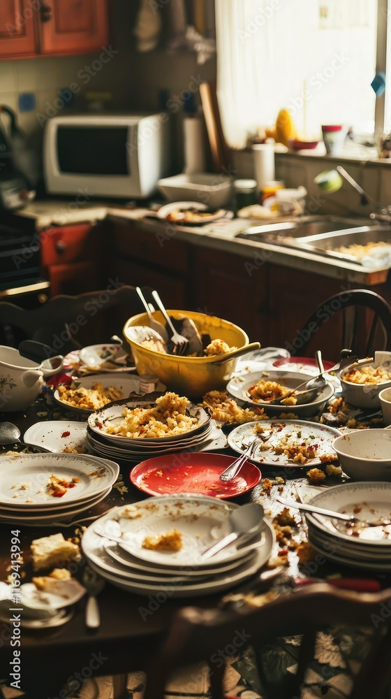 Cluttered Kitchen Table After a Festive Meal with Dirty Dishes Cluttered Kitchen Table After a Festive Meal with Dirty Dishes