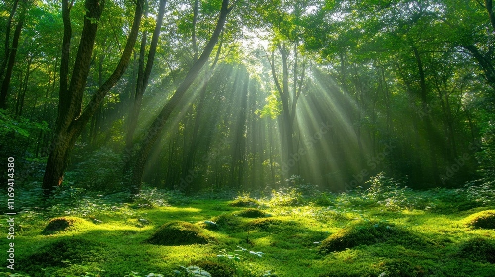 Obraz premium A green forest with dense foliage, golden sunlight penetrates the treetops, illuminating the moss-covered ground, background wallpaper AI generated image