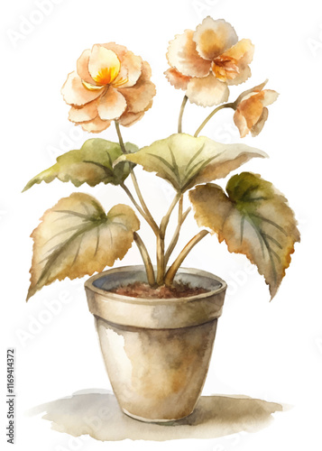 Watercolor flower illustration, potted plant, soft colors, botanical art, home decor, nature-inspired design.