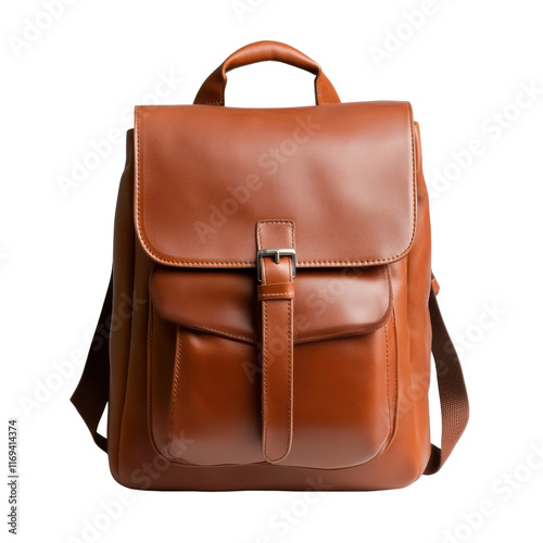 A stylish brown leather backpack featuring a front pocket and adjustable straps, perfect for carrying essentials. photo