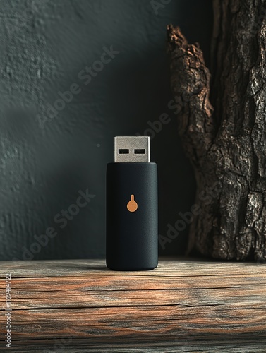 Black USB flash drive sits on a wooden surface photo