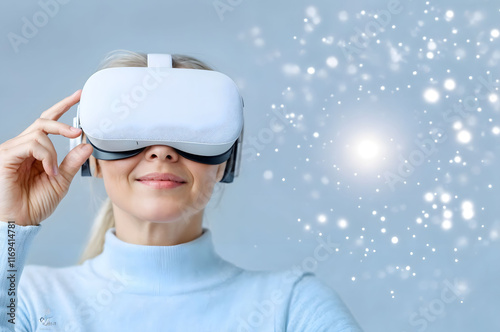 Woman wearing a virtual reality headset surrounded by sparkling lights, symbolizing innovation, immersive technology, futuristic experiences, ideal for concepts of VR, creativity,digital exploration photo