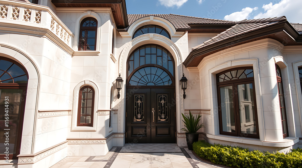 Residential Building Exterior with Arched Entryway and Windows Residential Building Exterior with Arched Entryway and Windows