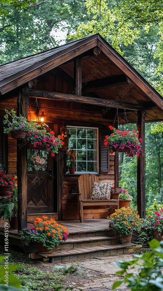Obraz premium Charming Wooden Cabin Surrounded by Vibrant Flower Baskets