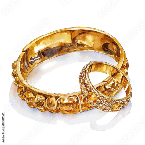 A watercolor vector painting of a golden bracelet and ring set, isolated on a white background. Golden bracelet and ring set vector.

