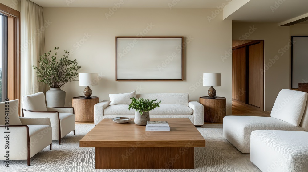 Fototapeta premium Modern living room featuring minimalist design and natural light