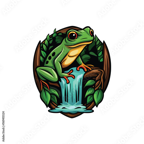 A vector illustration of a green frog perched on a vine above a waterfall in a lush jungle setting.