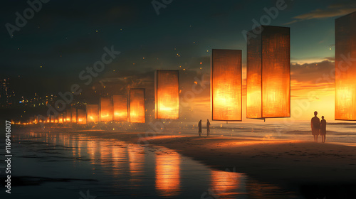 Leuchtende laternen am strand. generative ai. Cenotaph. Illustration