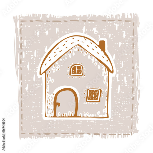 Whimsical snowy cottage door icon with december festive Christmas motif. Winter holiday social media cute hand drawn festive home card design element. 