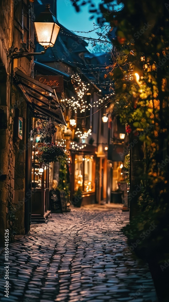 Obraz premium Charming cobblestone street illuminated by warm lights at dusk