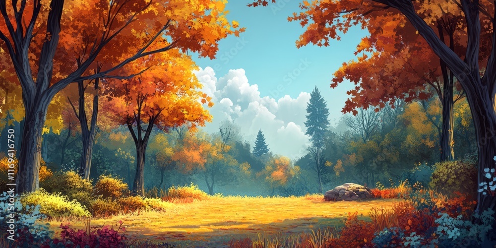 Autumnal Forest Scene With Golden Sunlight And Trees Autumnal Forest Scene With Golden Sunlight And Trees
