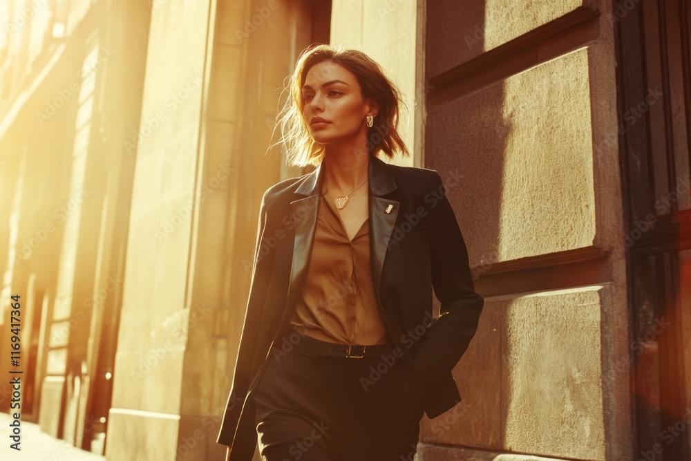 Fototapeta premium A confident woman moves gracefully down a city street, illuminated by warm sunlight, turning heads with her chic outfit