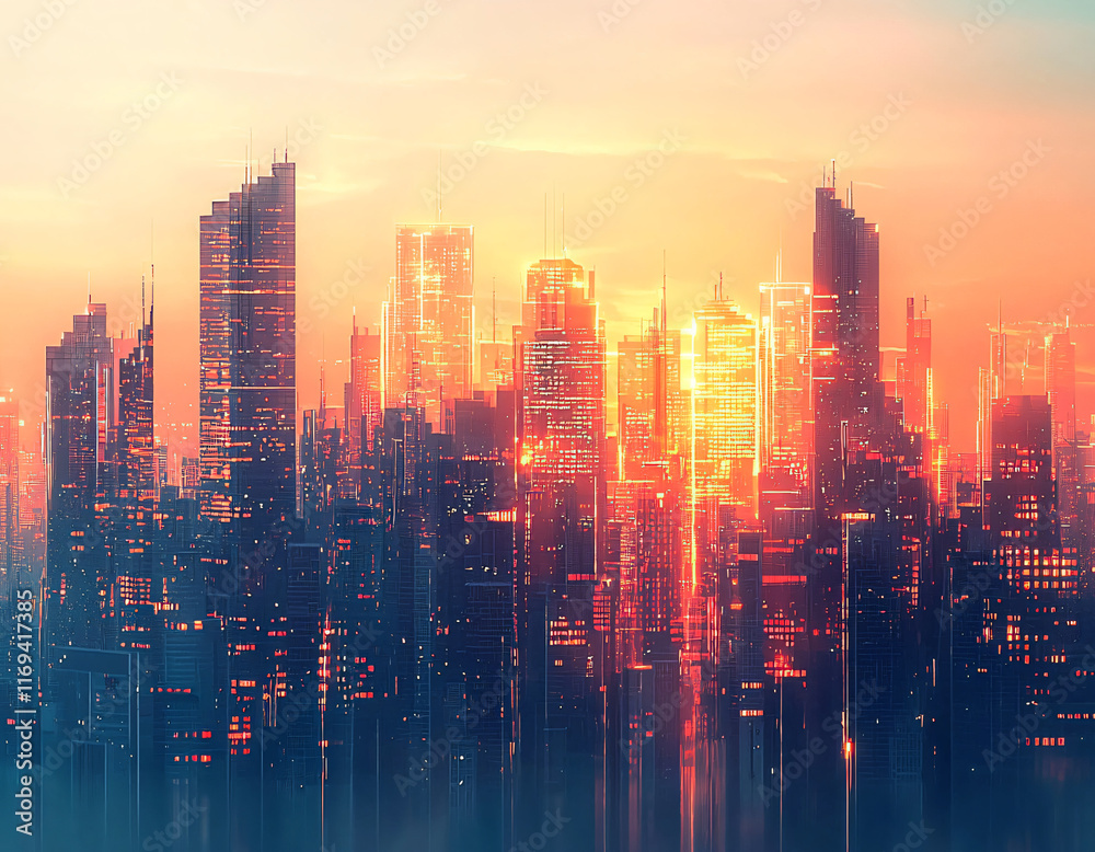 Fototapeta premium Neon Cityscape Sunset