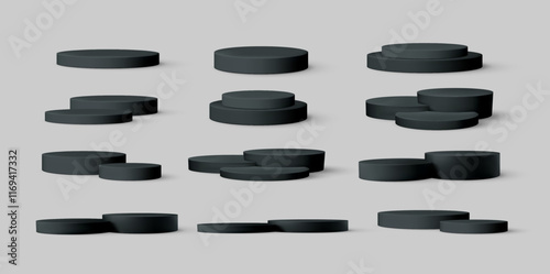 Black Realistic Empty 3d Product Podium Set Isolated on White Background. Vector Illustration