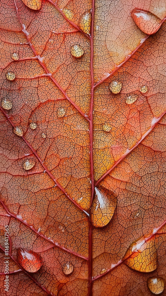 Fototapeta premium Close-Up of Water Droplets on a Vibrant Autumn Leaf Surface
