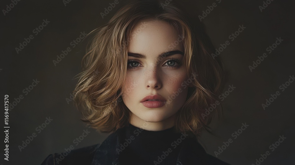 Dark moody portrait of a woman studio setting dimly lit close-up romantic tones and details Dark moody portrait of a woman studio setting dimly lit close-up romantic tones and details