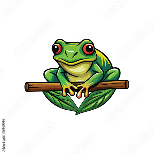 A green frog with red eyes resting on a bamboo branch, surrounded by green leaves.
