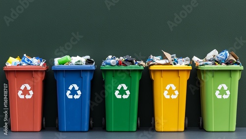 Five colorful recycling bins overflowing with waste against a dark green background, symbolizing the urgent need for better waste management and recycling practices