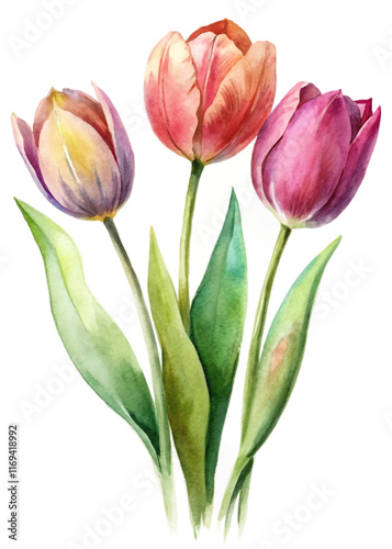 Watercolor tulips, vibrant colors, floral arrangement, nature illustration, artistic design, spring flowers, botanical art.