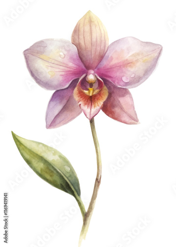 Watercolor orchid flower, delicate pink petals, green leaves, botanical illustration, nature art, floral design.