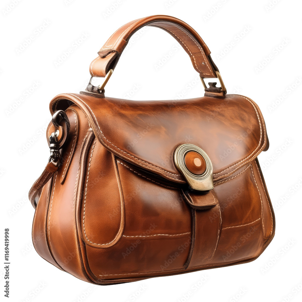 Naklejka premium A stylish brown leather handbag featuring a unique clasp and elegant curves, perfect for everyday use or special occasions.