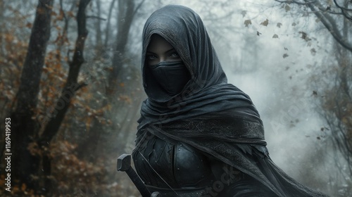 A veiled Muslim knight woman in medieval clothing, her hood casting a shadow over her eyes. She walks through a misty forest, background wallpaper AI generated image