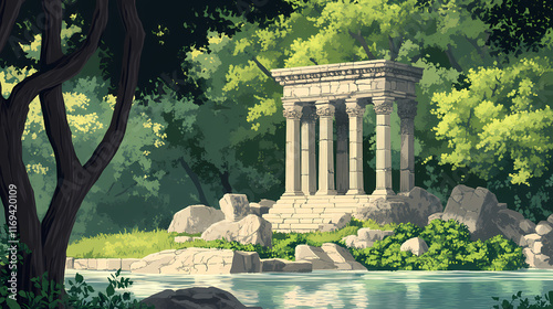 Ancient stone structures, lush greenery, calm water. Cenotaph. Illustration