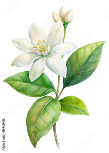 White flower illustration, botanical art, watercolor style, nature design, floral decor, elegant aesthetics.