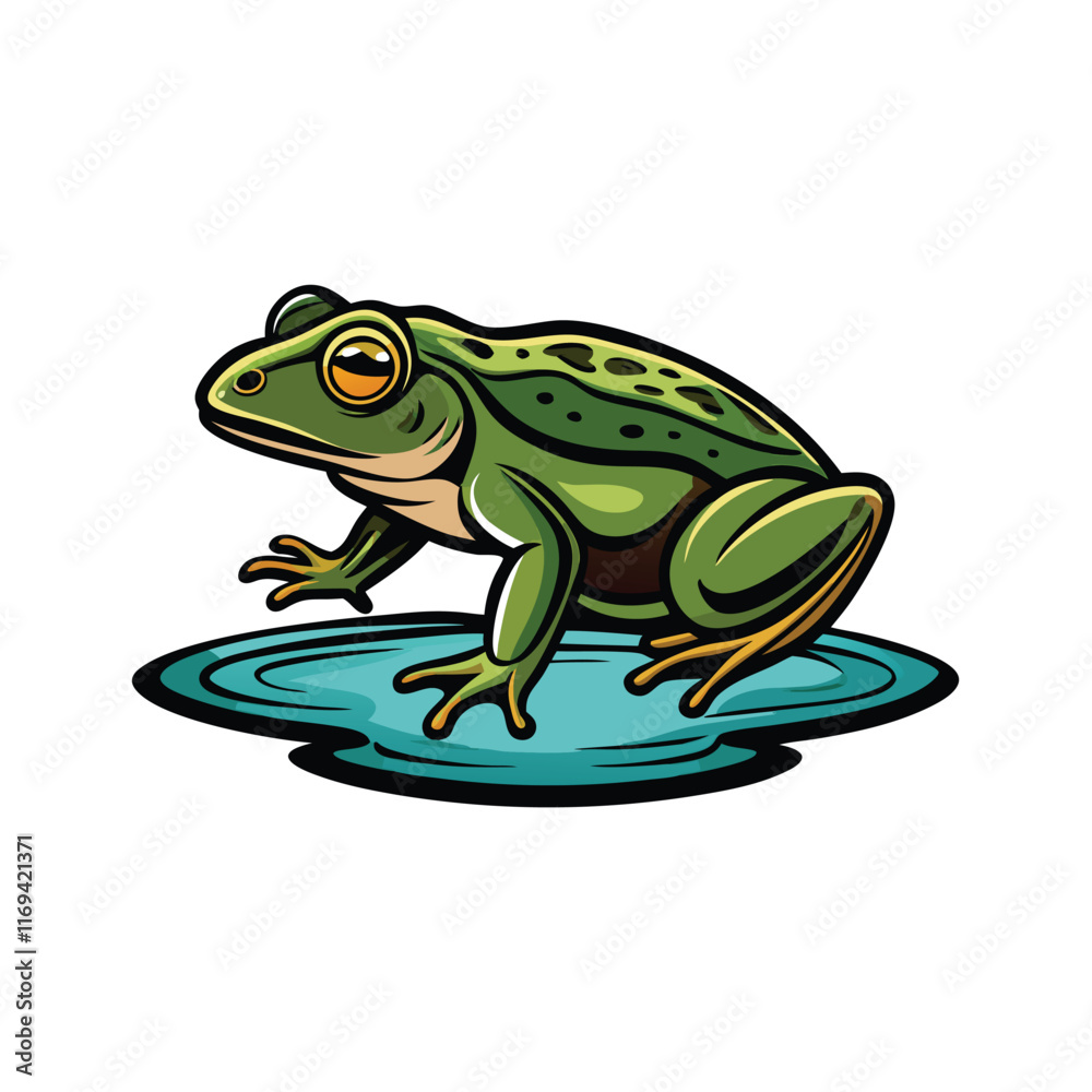 Fototapeta premium Cartoon green frog sitting on a blue lily pad with a reflective shadow.