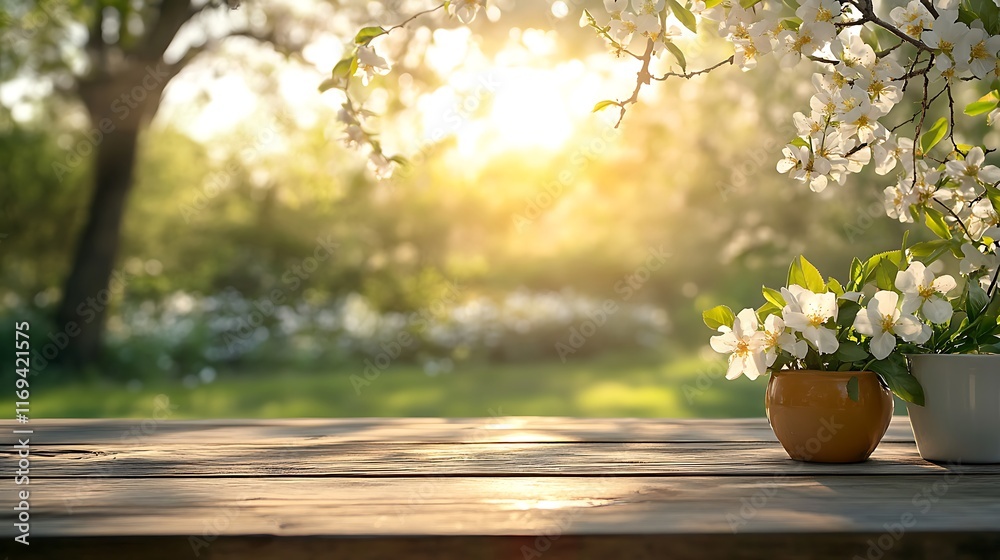 Fototapeta premium Spring Table With Trees In mBlooming And Defocuse