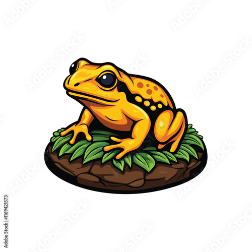 A vector illustration of a golden poison frog resting on a mossy rock, with a vibrant yellow body and black spots.