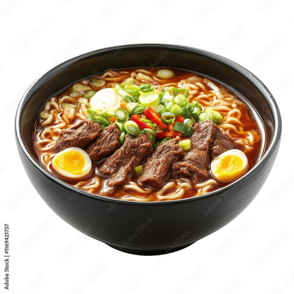 A rich bowl of noodle soup featuring tender beef, green onions, soft boiled eggs, and vibrant chili peppers. A rich bowl of noodle soup featuring tender beef, green onions, soft boiled eggs, and vibrant chili peppers.