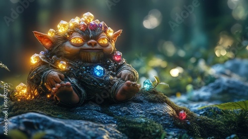 A fantastical mystical creature rests amidst the lush moss covered foliage of an enchanted forest its body adorned with vibrant gemstones and glowing luminescent accents  This digitally rendered photo