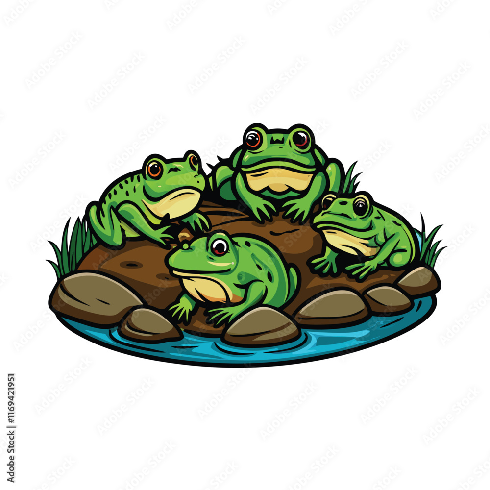 Fototapeta premium A vector illustration of four green frogs sunbathing on rocks by a pond.