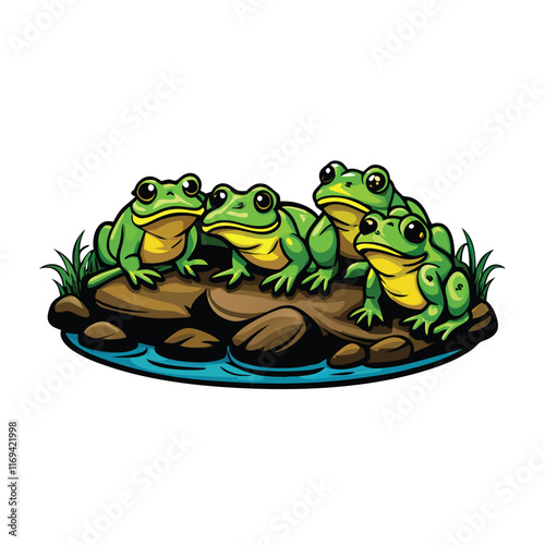 Create a vector illustration of four frogs sunbathing on rocks by a pond.