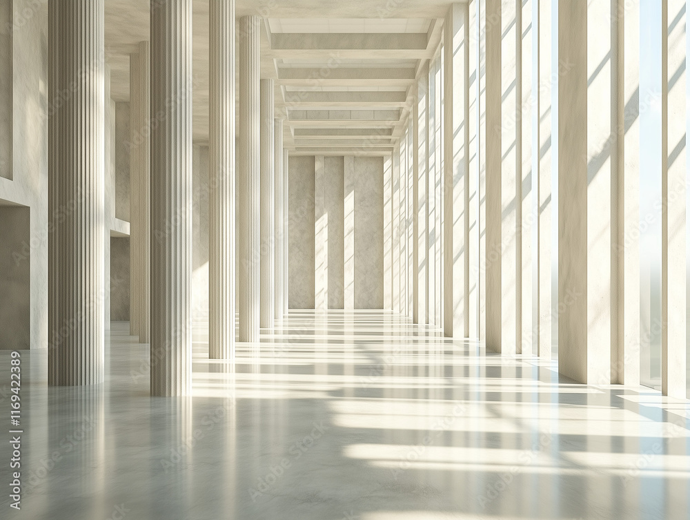 A spacious, modern concrete hall with numerous columns and large, luminous windows provides a striking backdrop for text in this 3D-rendered stock photo A spacious, modern concrete hall with numerous columns and large, luminous windows provides a striking backdrop for text in this 3D-rendered stock photo