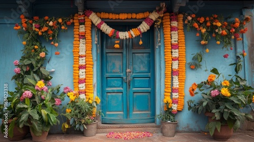 Colors of the Indian Dewali Celebration A festive front door of a house with colorful garlands  photo